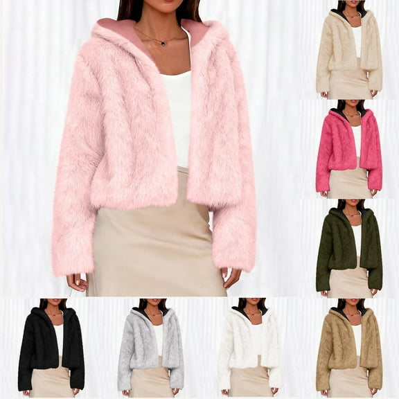 Women's Cropped Faux Fur Jacket Plush Fuzzy Open Front Hooded Coat Winter Warm Crop Jackets Shaggy Outerwear