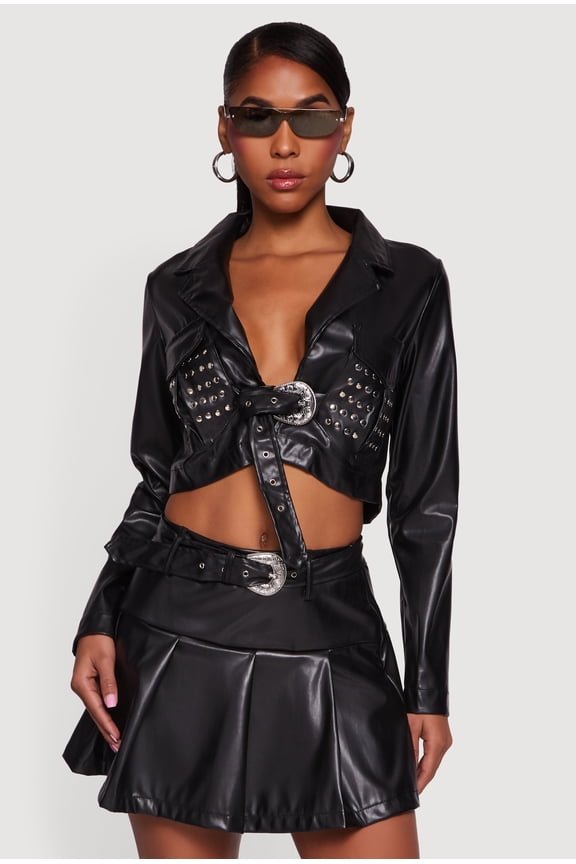 Women's Cropped Faux Leather Belted Front Studded Jacket