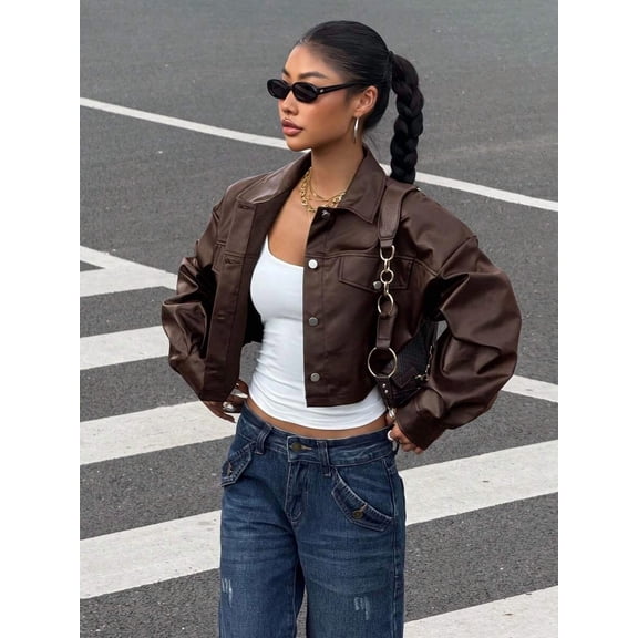 Women's Cropped PU Leather Jacket, Drop Shoulder Button Front Outerwear