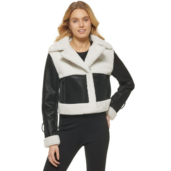 Women's Cropped Faux Shearling Jacket Black/Ivory XS