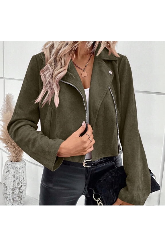 Women's Cropped Faux Suede Jackets Lapel Zip up Retro Coats Fall Fashion Casual Outerwear with Pocket New Women Plus Size Light Raincoat Green L
