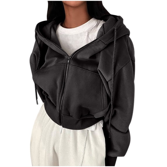 Women's Cropped Fleece Hoodie Full Zip Long Sleeve Drawstring Hooded Jackets Trendy Lightweight Solid Color Workout Outerwear Coat