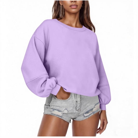 Women's Cropped Fleece Sweatshirt Casual Long Sleeve Crew Neck Sweatshirts Lightweight Cozy Solid Color Sports Pullover Tops