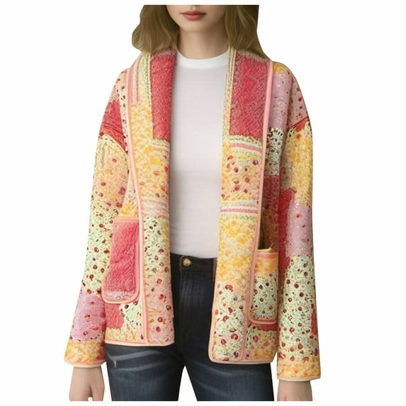 Women's Cropped Floral Quilted Jacket Cardigan Printed Lightweight Open Front Padded Coat Outwear