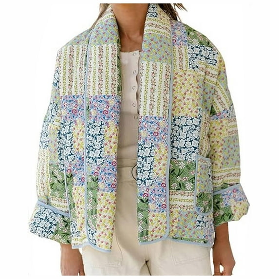 Women's Cropped Floral Quilted Jacket Cardigan Printed Lightweight Open Front Padded Coat Outwear