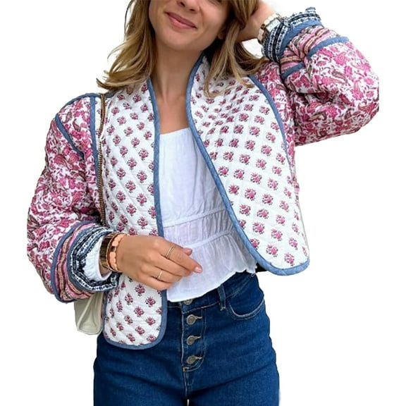 Women's Cropped Floral Quilted Jacket Cardigan Printed Lightweight Open Front Padded Puffer Coat