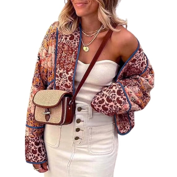 Women's Cropped Floral Quilted Jacket Cardigan Printed Lightweight Open Front Padded Puffer Coat