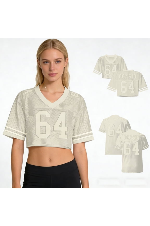 Women's Cropped Football Top Jersey, Ocasio #64 Fashion Jersey, Mesh Athleisure T-shirt for Streetwear & Game Day, M