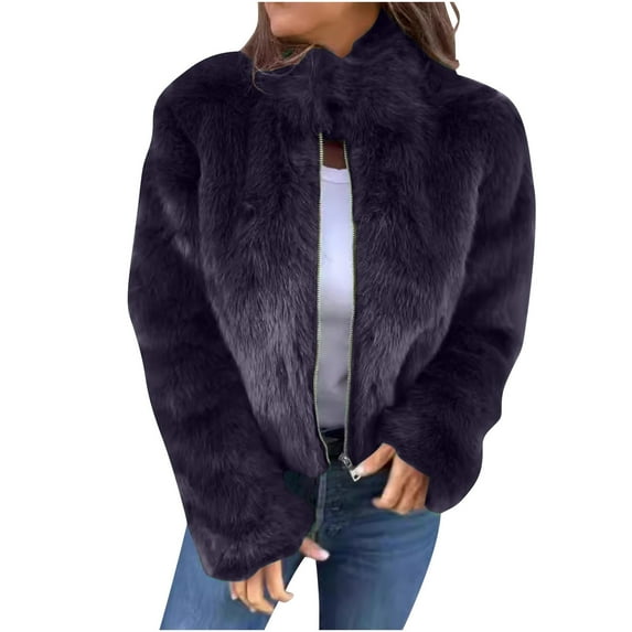 Women's Cropped Fuzzy Fleece Jacket Full Zip Up Long Sleeve Faux Fur Winter Coats Warm Fuffy Outerwear