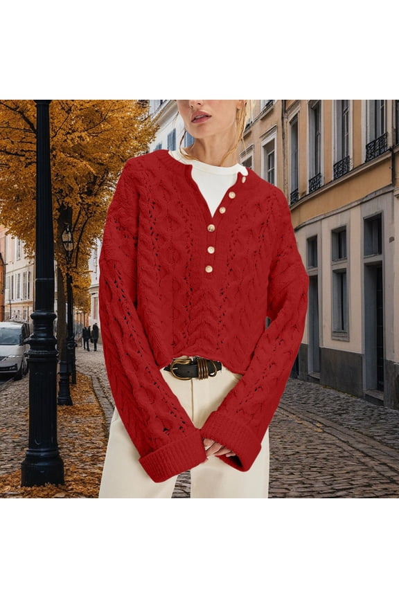 Women's Cropped Half Button Crewneck Sweater, Openwork Knit Pullover with Lace Design, Short Length Loose Fit Top for Spring Summer, Breathable Casual Blouse for Daily Wear and Vacation Red S