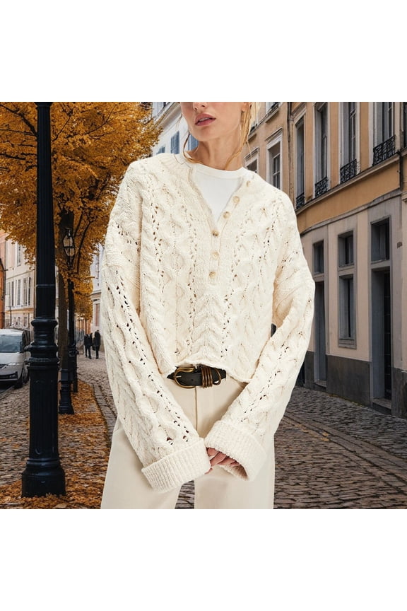 Women's Cropped Half Button Crewneck Sweater, Openwork Knit Pullover with Lace Design, Short Length Loose Fit Top for Spring Summer, Breathable Casual Blouse for Daily Wear and Vacation Beige S