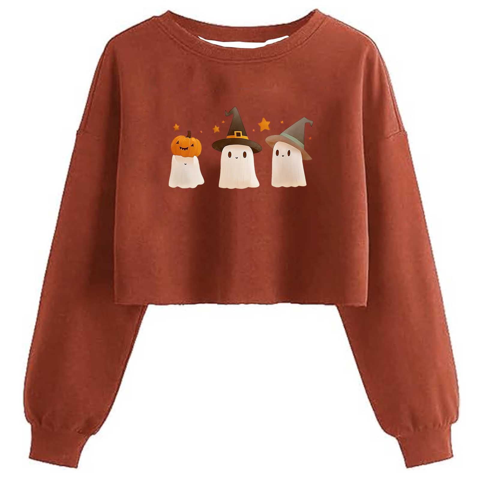 Women's Halloween Ghost Skull Crop Sweatshirt – Long Sleeve Spooky Pullover For Fall
