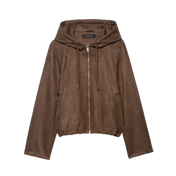Women's Cropped Hooded Jacket Drawstring Casual Solid Color Zipper Outerwear Coats with Pockets Brown XS