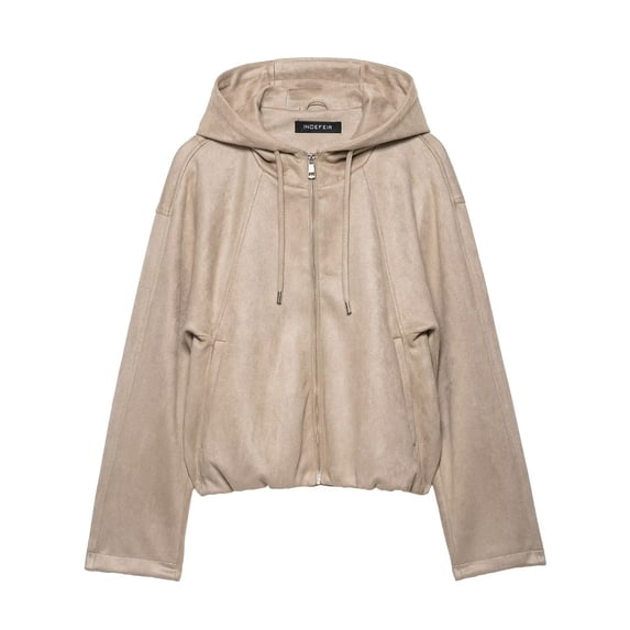 Women's Cropped Hooded Jacket Drawstring Casual Solid Color Zipper Outerwear Coats with Pockets Khaki L