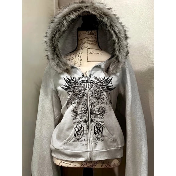 Women's Cropped Hooded Sweatshirt Faux Fur Trim Zip Up Jacket