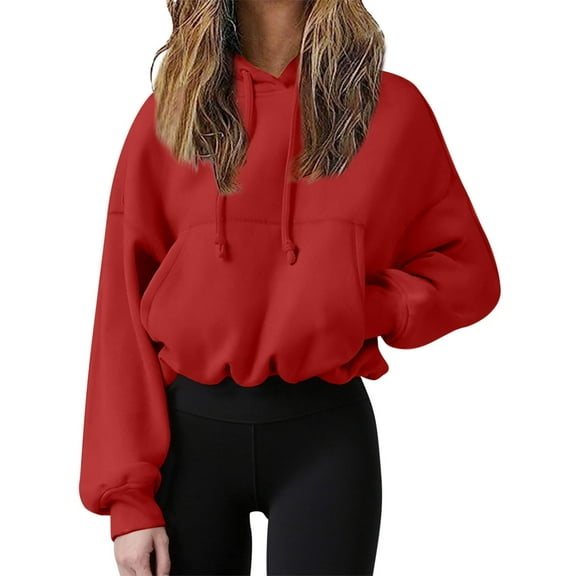 Women's Cropped Hooded Sweatshirt with Pocket, Lightweight Fleece Oversized Pullover for 2025 Fall Trendy Outfits, Casual Streetwear and Comfortable Lounge Wear Red M