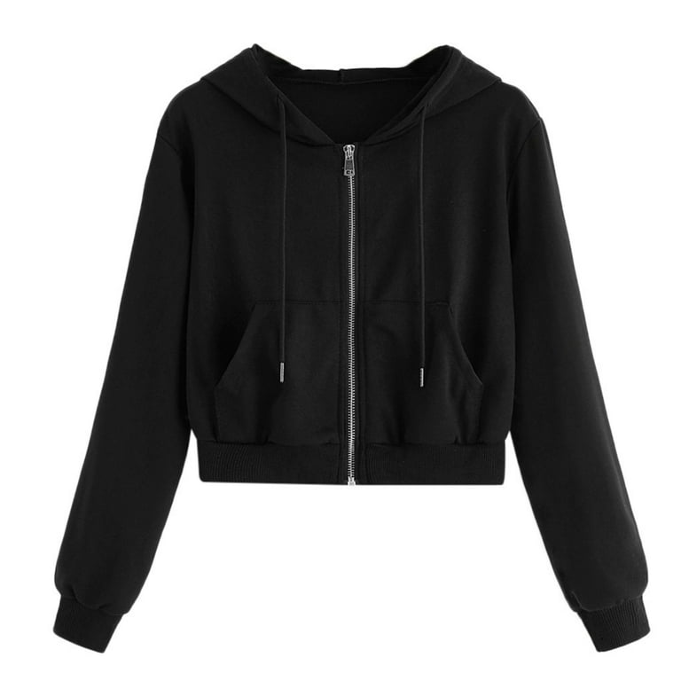 Women's Cropped Hoodie Black Zip Up Cropped Jacket Sweatshirt Tops Cute  Workout Drawstring Hoodie Sweatshirt Jacket