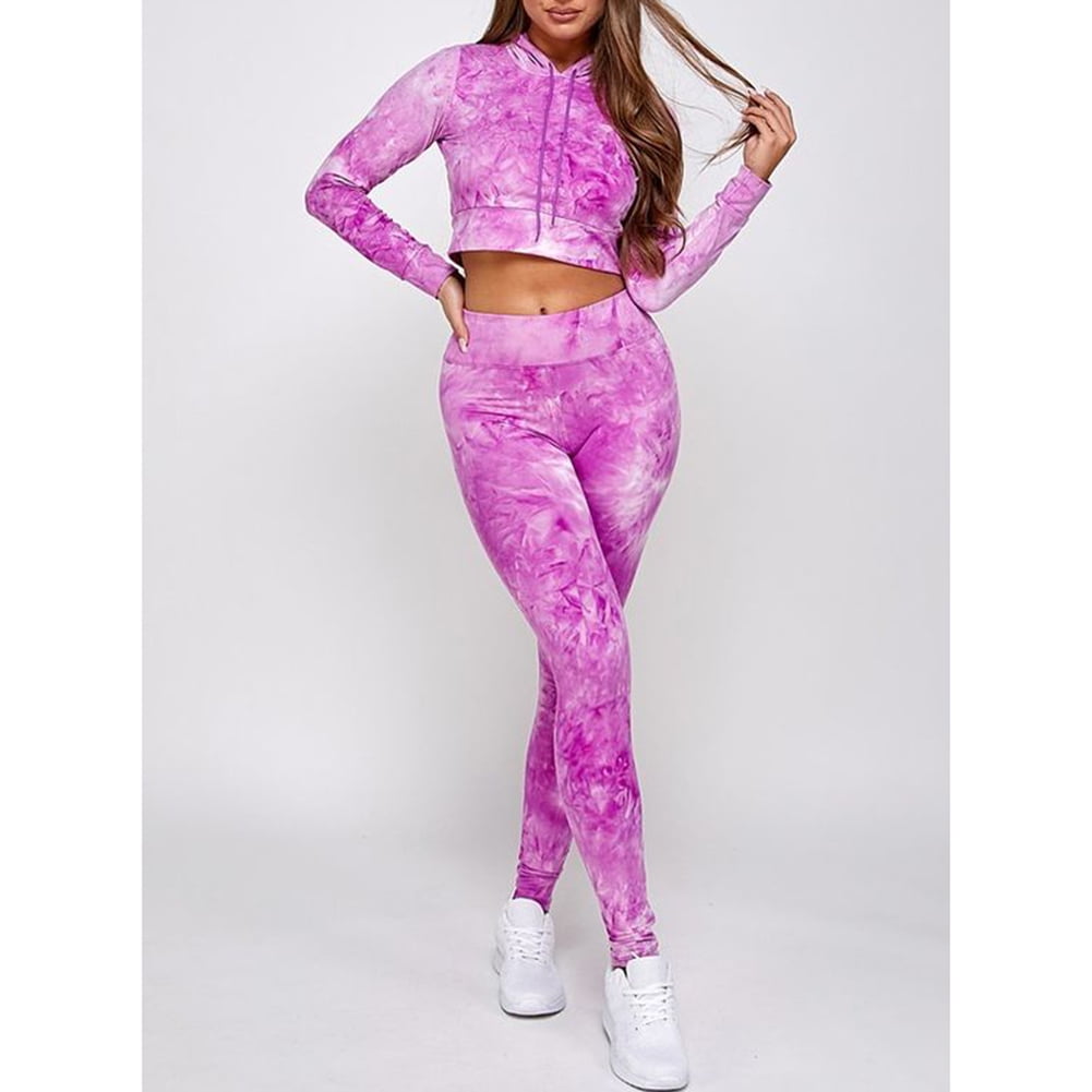 Women's Cropped Hoodie Leggings Tie-Dye Pattern Fitness Gym
