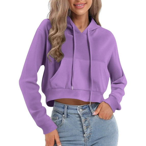 Women's Cropped Hoodie Long Sleeve Crop Top Hoodies for Teen Girls Workout Crop Tops Solid Color Drawstring Hooded Sweatshirts