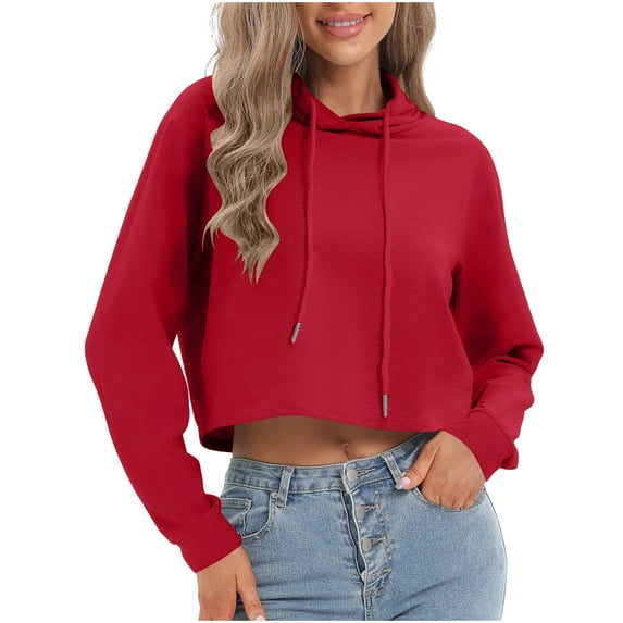 Women's Cropped Hoodie Long Sleeve Crop Top Hoodies for Teen Girls Workout Crop Tops Solid Color Drawstring Hooded Sweatshirts