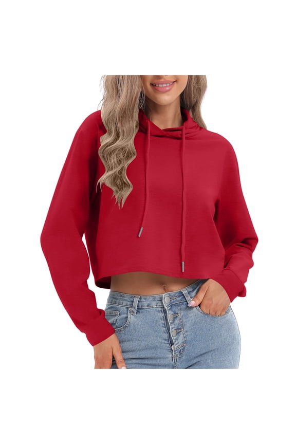 Women's Cropped Hoodie Long Sleeve Crop Top Hoodies for Teen Girls Workout Crop Tops Solid Color Drawstring Hooded Sweatshirts