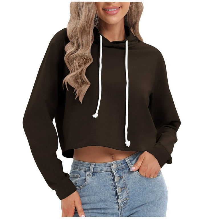 Women s Cropped Hoodie Loose Fit Solid Color Long Sleeve Pullover Top Short Hoodies for Ladies Drawstring Thin Hooded Sweatshirts Crop Workout Pullovers Jumper Fall Clothes Walmart