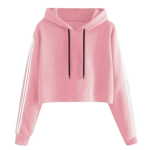 Women's Cropped Hoodie Sweatshirts Long Sleeve Solid Color Drawstring Sweater with Side Stripes Soft Comfortable Casual Top