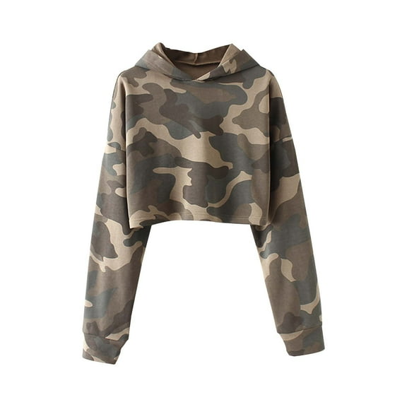Women's Cropped Hoodies Pullover Camo Y2K Fashion Drop Shoulder Fall Clothes Tops Hooded Sweatshirts Camouflage S