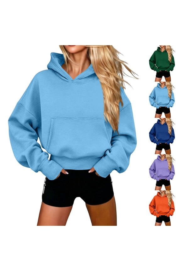 Women's Cropped Hoodies Sweatshirts Cute Plus Size Long Sleeve Tops Loose Pullover Shirts with Pocket Purple