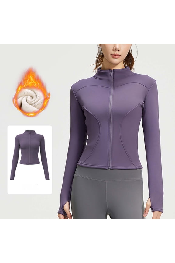 Women's Cropped Jacket Athletic Long Sleeve Zip Up Jacket Fleece Lined Warm Winter Gym Yoga Running Workout Tops with Thumb Holes