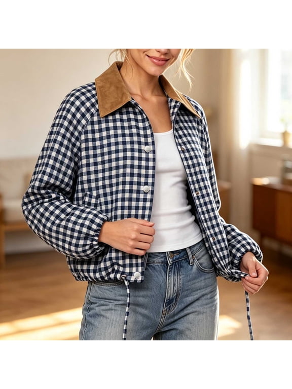 Women's Cropped Jacket Gingham Plaid Corduroy Collar Bomber Jacket Snap Button Lightweight Cropped Casual Coat (Blue S)