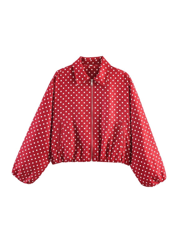 Women's Cropped Jacket Long Sleeve Lapel Collar Zip Up Coat with Pockets Polka Dot Print Lightweight Windbreaker Red XS