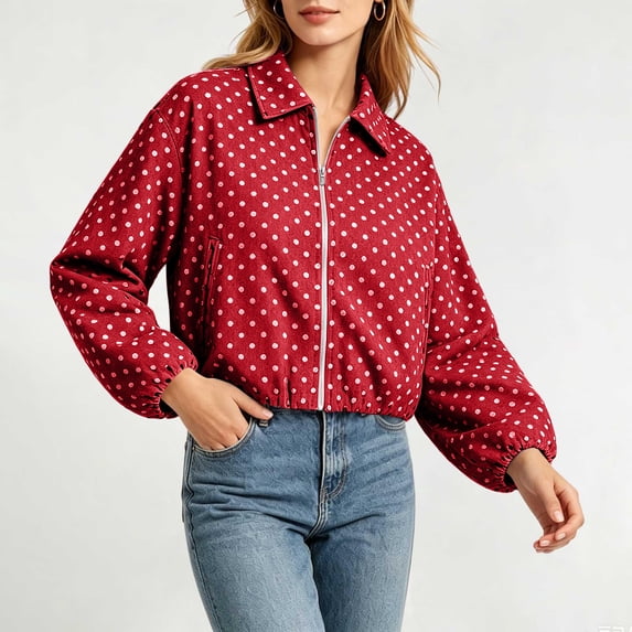 Women's Cropped Jacket Long Sleeve Lapel Collar Zip Up Windbreaker with Side Pockets Polka Dot Print Casual Loose Outerwear Red XL