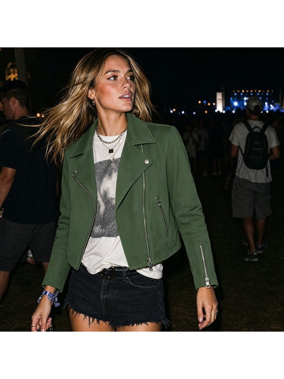 Women's Cropped Jacket Suede Like Moto Biker Asymmetrical Zip Up Jackets Slimming Winter Fall Outerwear Coats Green S
