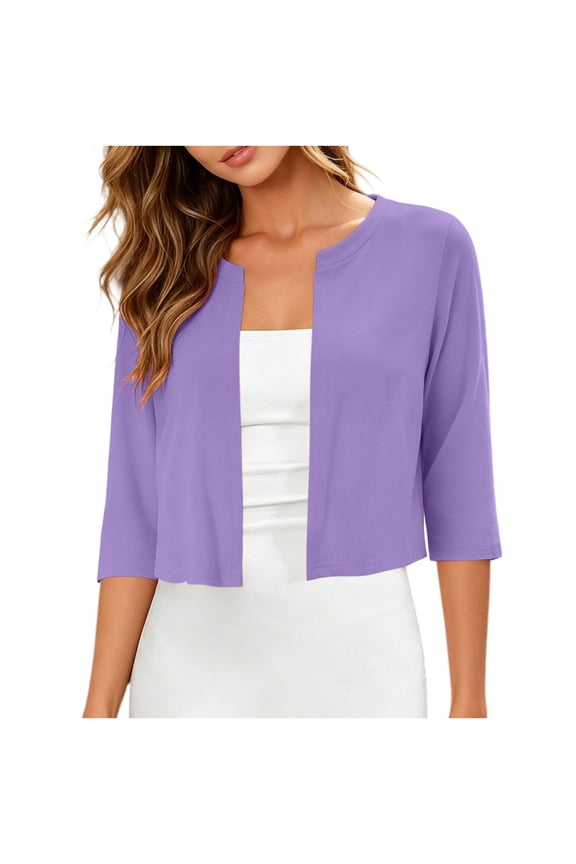 Women's Cropped Jackets 3/4 Sleeve Crew Neck Open Front Cardigan Summer Lightweight Trendy Casual Outwear (L, Purple)