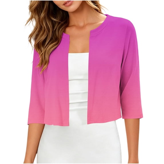 Women's Cropped Jackets 3/4 Sleeve Crew Neck Open Front Cardigan Summer Lightweight Trendy Casual Outwear (S, Hot Pink)