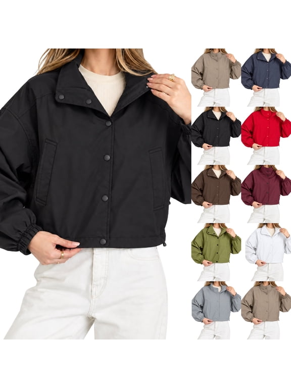 Women's Cropped Jackets Lightweight Windbreaker Mock Neck Jackets Snap Button Long Sleeve Casual Fall Winter Outerwear Coat,Black,S