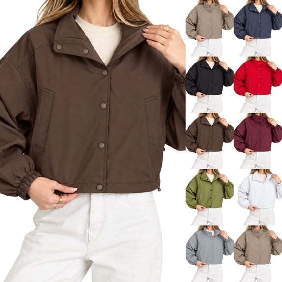 Women's Cropped Jackets Lightweight Windbreaker Mock Neck Jackets Snap Button Long Sleeve Casual Fall Winter Outerwear Coat,Brown,2XL