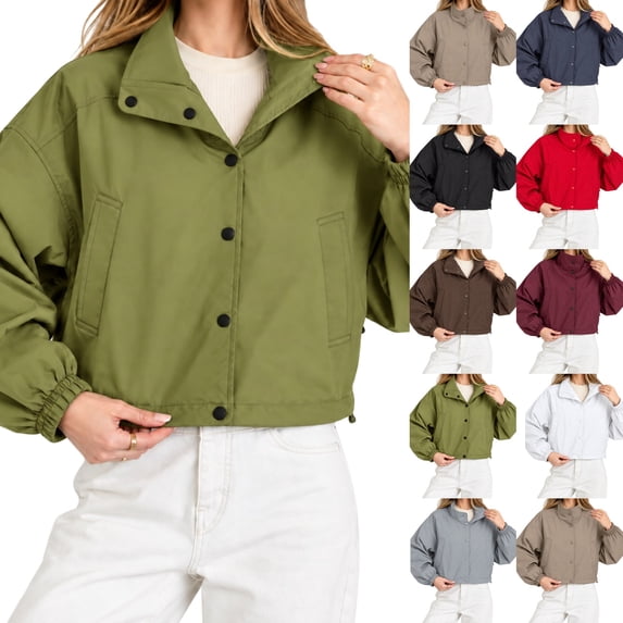 Women's Cropped Jackets Lightweight Windbreaker Mock Neck Jackets Snap Button Long Sleeve Casual Fall Winter Outerwear Coat,Green,M