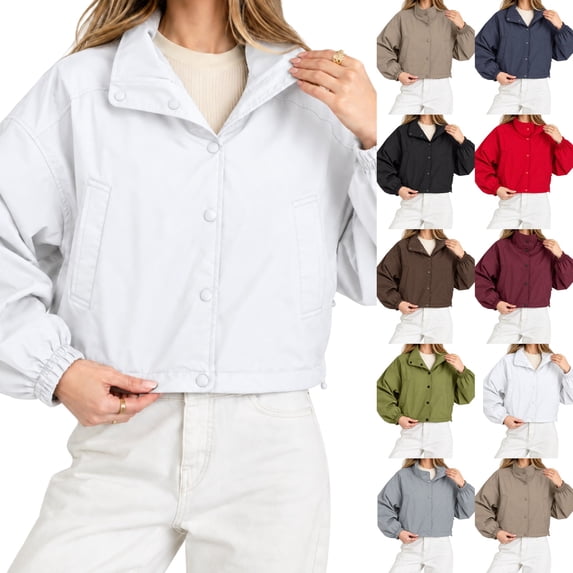 Women's Cropped Jackets Lightweight Windbreaker Mock Neck Jackets Snap Button Long Sleeve Casual Fall Winter Outerwear Coat,White,2XL