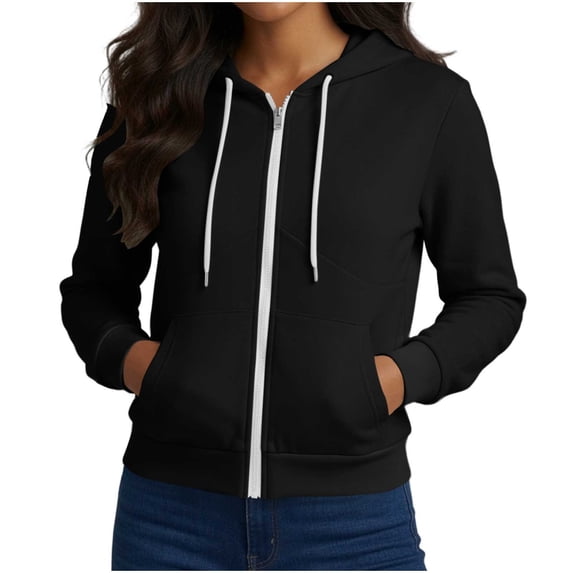 Womens Zip Up Hoodie Long Sleeve Lightweight Drawstring Sweatshirt Fall Winter Fashion Jacket with Pockets Black 2XL