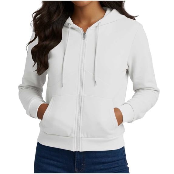 Womens Zip Up Hoodie Long Sleeve Lightweight Drawstring Sweatshirt Fall Winter Fashion Jacket with Pockets White 2XL