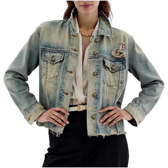 Women's Cropped Jean Jacket with Pockets Vintage Distressed Short Ladies Denim Jackets Streetwear Coats Blue L