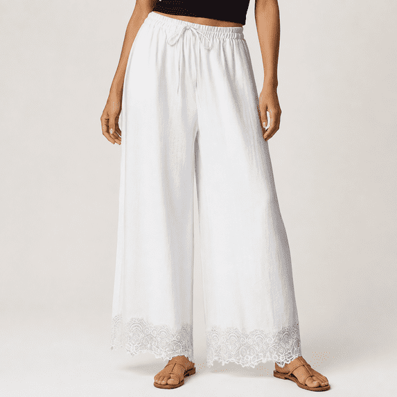 Women's Cropped Lace Hem Pants, High Waist Drawstring Wide Leg Palazzo Trousers for Summer Fall