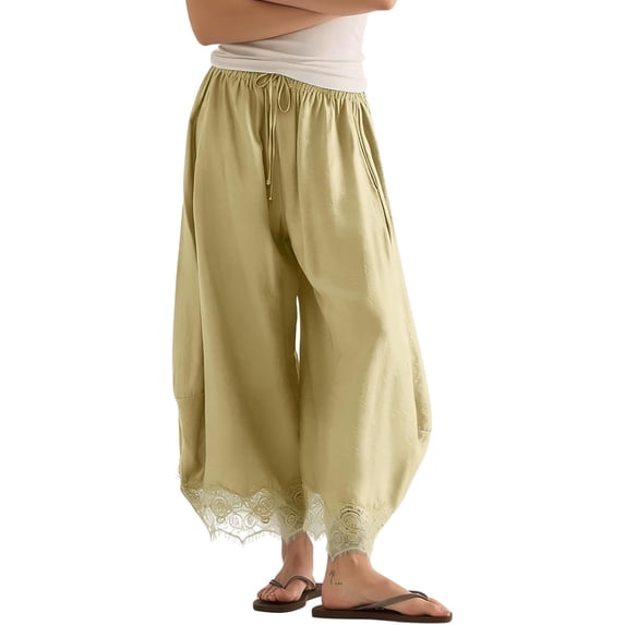Women's Cropped Lace Hem Pants, High Waist Drawstring Wide Leg Palazzo Trousers for Summer Fall