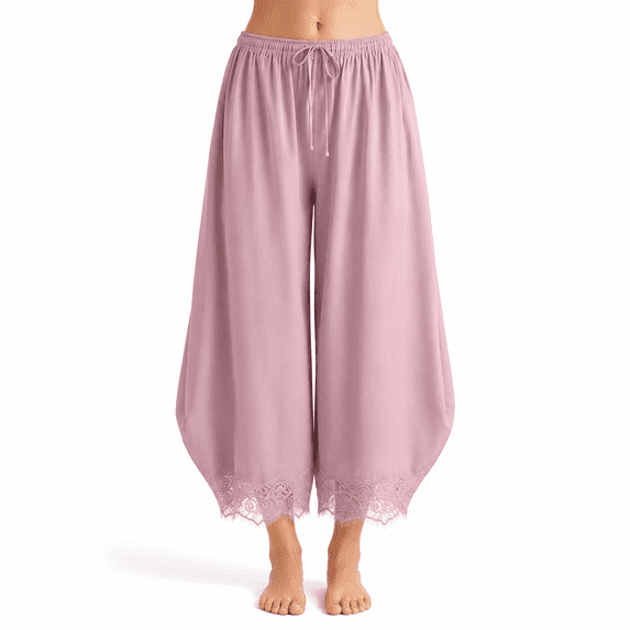 Women's Cropped Lace Hem Pants, High Waist Drawstring Wide Leg Palazzo Trousers for Summer Fall
