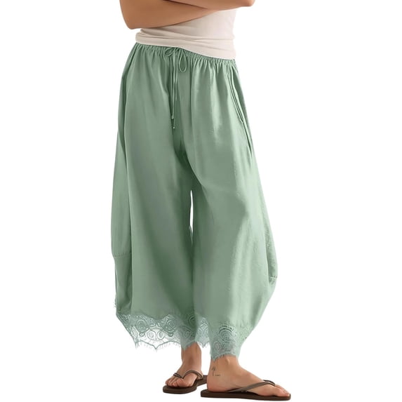 Women's Cropped Lace Hem Pants, High Waist Drawstring Wide Leg Palazzo Trousers for Summer Fall