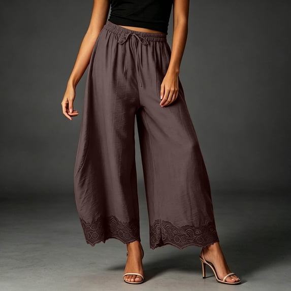 Women's Cropped Lace-Hem Pants High Waisted Drawstring Wide Leg Pants 2026 Summer Cropped Lightweight Casual Pants