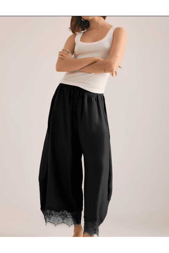 Women's Cropped Lace-Hem Pants: High-waisted, drawstring, wide-leg, casual, lightweight pants with pockets