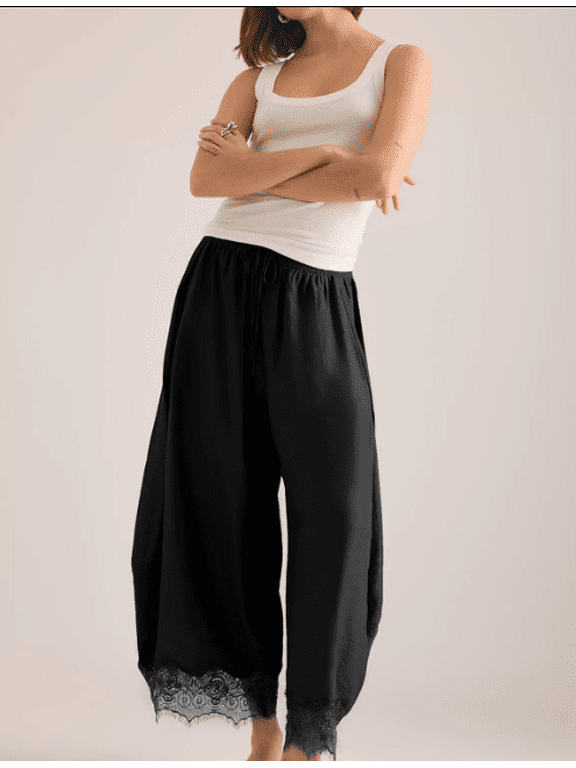 Women's Cropped Lace-Hem Pants: High-waisted, drawstring, wide-leg, casual, lightweight pants with pockets